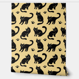 Papel Pintado Cute Black Cats & Paw Prints Seamless Pattern