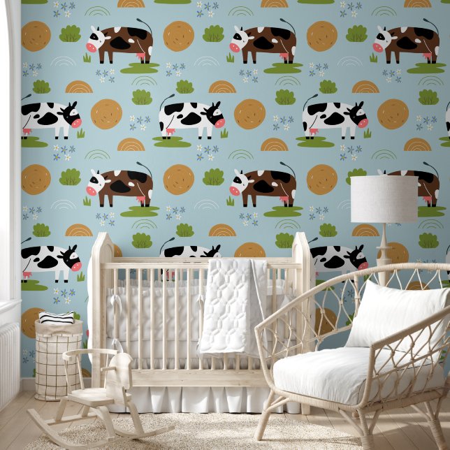 Papel Pintado Cute Blue Farm Animals Patrón Niños Sala de Enferm (Niños)