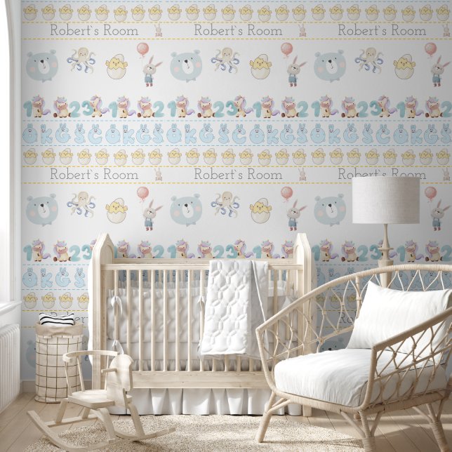 Papel Pintado Cute Bunny Chicken Bear pastel  (Niños)
