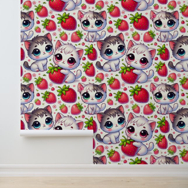 Papel Pintado Cute Chibi Cats y Strawberries Wallpaper (Solicitud)