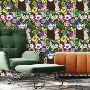 Papel Pintado Cute Chocolate Sable Ferret Floral Verde