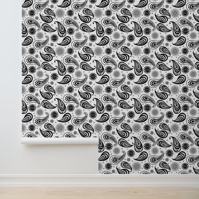 Papel Pintado Cute Country Paisley patrón blanco negro de baldos (Solicitud)