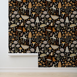 Papel Pintado Cute Dark Forest Mushrooms Gold Green Black