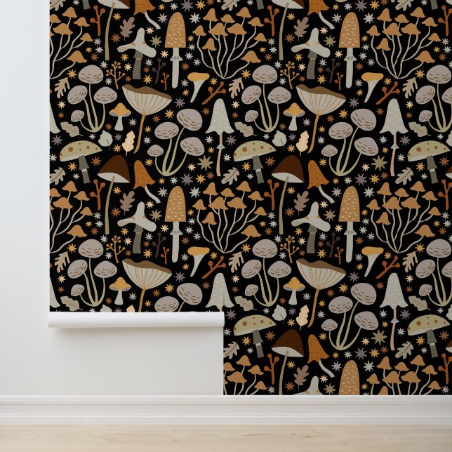 Papel Pintado Cute Dark Forest Mushrooms Gold Green Black (Solicitud)
