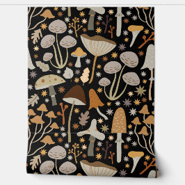 Papel Pintado Cute Dark Forest Mushrooms Gold Green Black