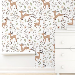 Papel Pintado Cute Deer Woodland Neutral Nursery Kids Room White