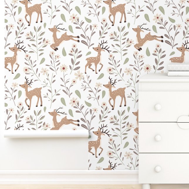 Papel Pintado Cute Deer Woodland Neutral Nursery Kids Room White (Cute Deer Woodland Neutral Nursery Kids Room White Wallpaper)