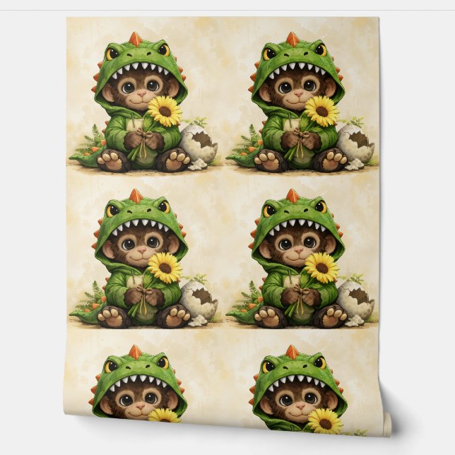 Papel Pintado Cute Dino Monkey Pattern Wallpaper Kawaii (Desenrollar)