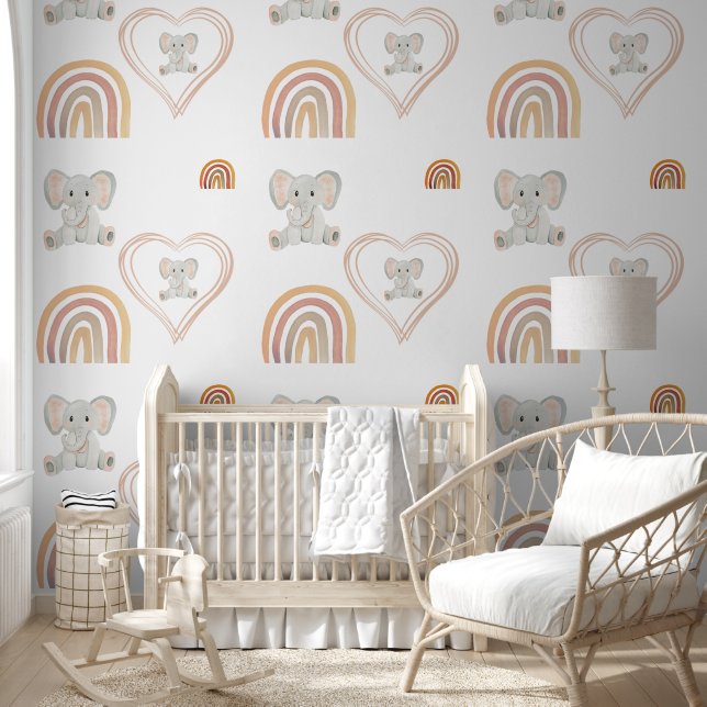Papel Pintado Cute Elephant Rainbow Hearts Watercolor Art (Niños)