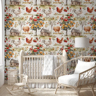 Papel Pintado Cute Farmyard Chickens Hen House Apple Trees