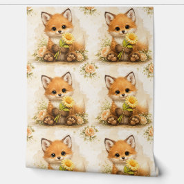 Papel Pintado Cute Fox Flower Pattern Wallpaper Nursery