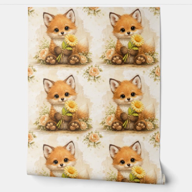 Papel Pintado Cute Fox Flower Pattern Wallpaper Nursery (Desenrollar)