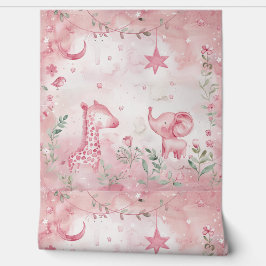 Papel Pintado Cute Giraffe Elephant Nursera Rosa