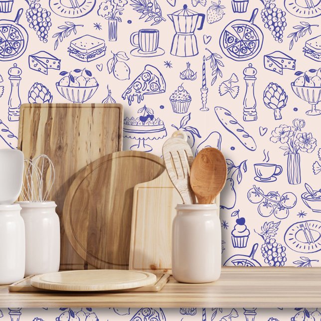 Papel Pintado Cute Hand Drawn Italian Food and Flowers Kitchen (In situ)