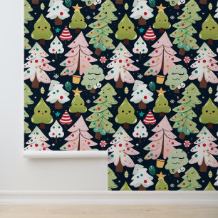 Papel Pintado Cute Kawaii Patrón de árboles navideños sin mar