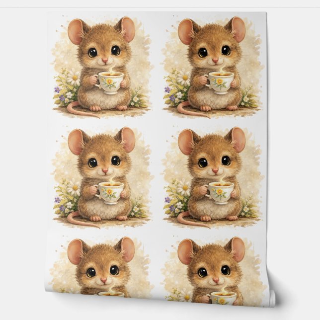 Papel Pintado Cute Mouse Tea Pattern Wallpaper Nursery (Desenrollar)
