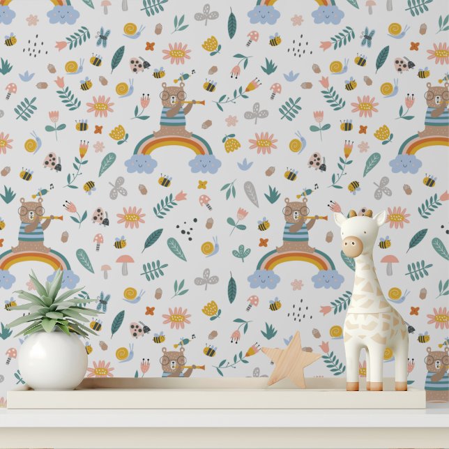 Papel Pintado Cute Musical Rainbow Bear Moderno Patrón para Niño (Subido por el creador)