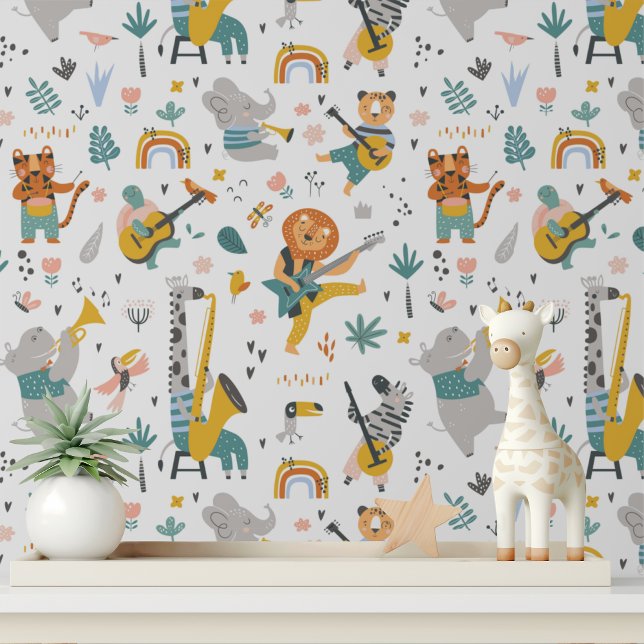 Papel Pintado Cute Musical Wild Animals Patrón de Niños Modernos (Subido por el creador)