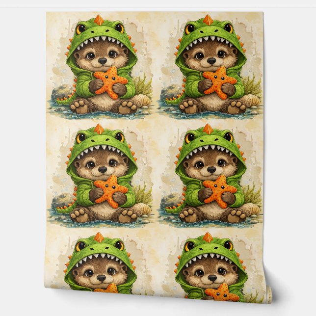 Papel Pintado Cute Otter Dino Costume Pattern Wallpaper (Desenrollar)