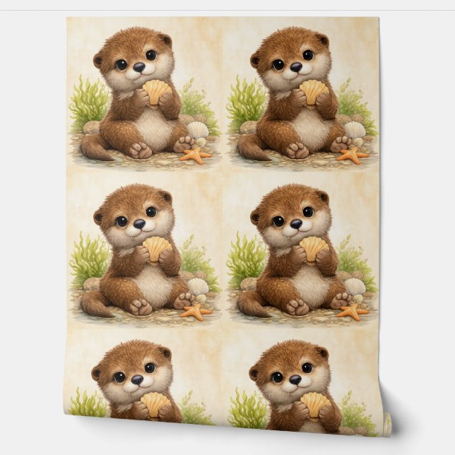 Papel Pintado Cute Otter Seashell Pattern Wallpaper (Desenrollar)