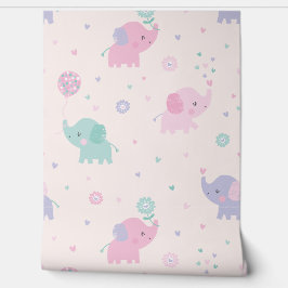 Papel Pintado Cute Pequeños elefantes pastel crema de menta lila