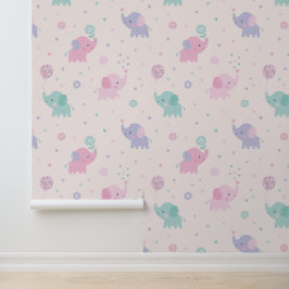Papel Pintado Cute Pequeños elefantes pastel crema de menta lila