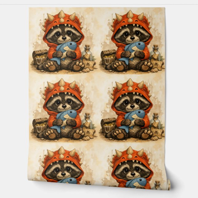 Papel Pintado Cute Raccoon Dino Costume Pattern Wallpaper (Desenrollar)