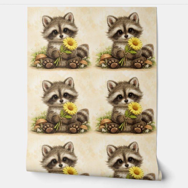 Papel Pintado Cute Raccoon Sunflower Pattern Wallpaper (Desenrollar)