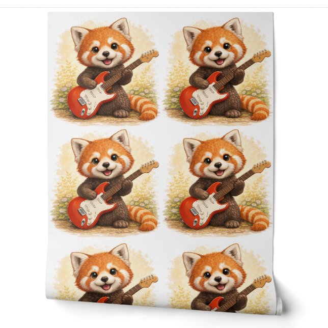 Papel Pintado Cute Red Panda Guitar Pattern Wallpaper Kids (Desenrollar)
