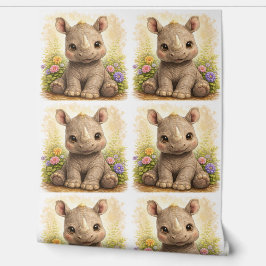 Papel Pintado Cute Rhino Floral Pattern Wallpaper Nursery