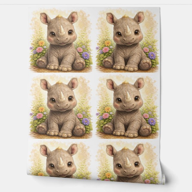 Papel Pintado Cute Rhino Floral Pattern Wallpaper Nursery (Desenrollar)