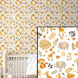 Papel Pintado Cute Safari Animals Naranja Elefante Marrón Giraff