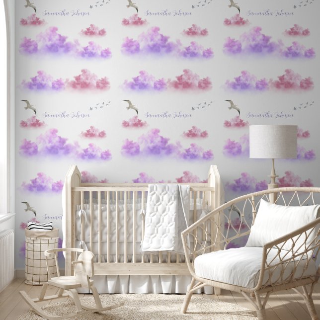 Papel Pintado Cute sky pink white clouds (Niños)