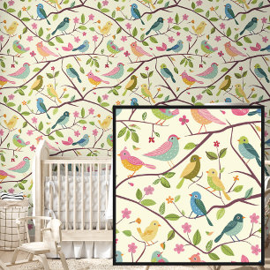 Papel Pintado Cute Springtime pájaros amarillos rosados en crema