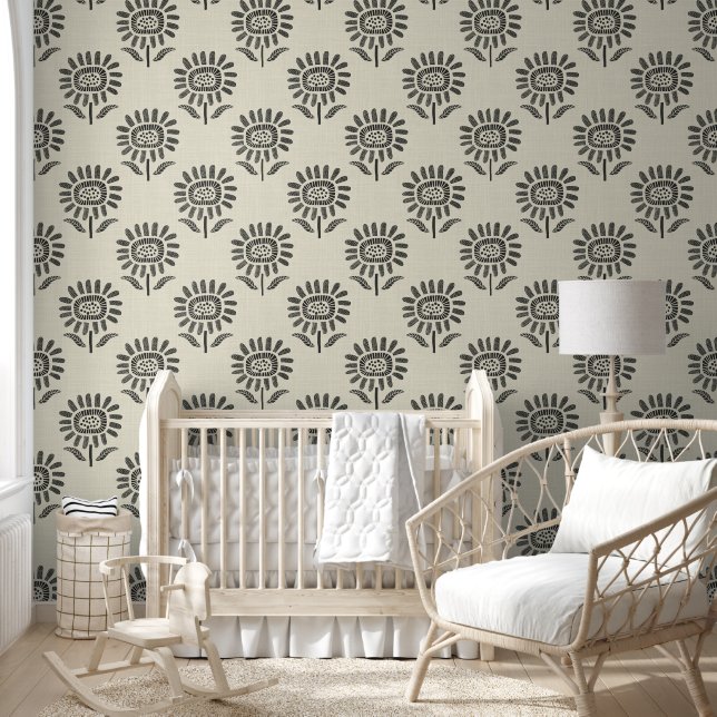 Papel Pintado Cute Sunflower Block Print Charcoal Black & Beige (Niños)