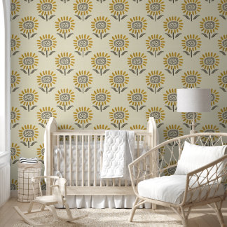 Papel Pintado Cute Sunflower Block Print in Mustard & Beige
