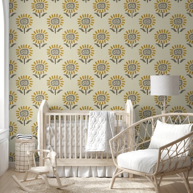 Papel Pintado Cute Sunflower Block Print in Mustard & Beige (Niños)