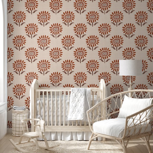 Papel Pintado Cute Sunflower Block Print in Terracotta & Beige (Niños)