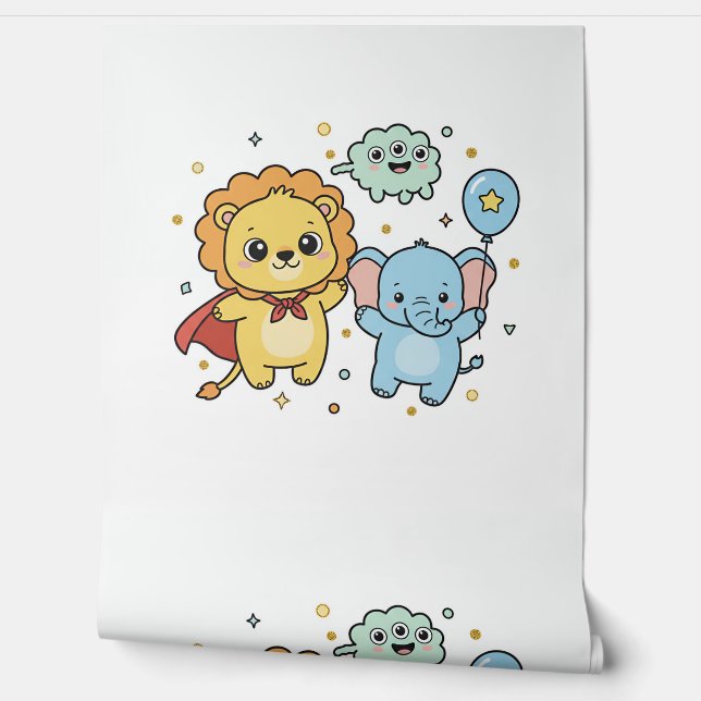 Papel Pintado Cute Superhero Lion and Elephant Friends Cartoon (Desenrollar)
