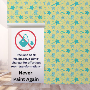Papel Pintado Cute Teal Blue Yellow Kids Nautical Starfish Squid
