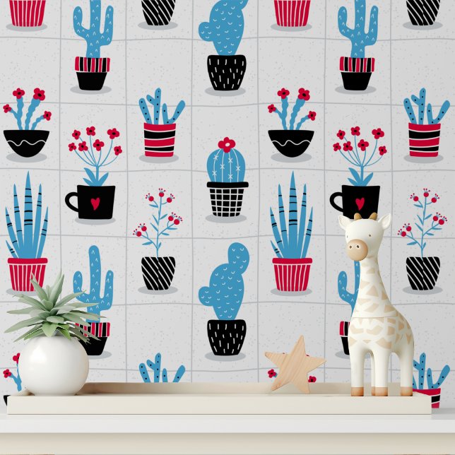 Papel Pintado Cute trendy Cactus moderno patrón de flor azul roj (Subido por el creador)