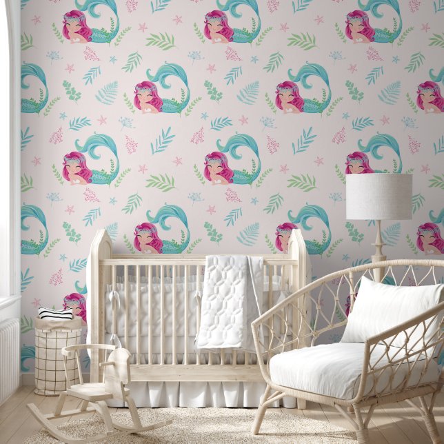 Papel Pintado Cute Under the Sea Mermaid Nursery Rosa (Niños)