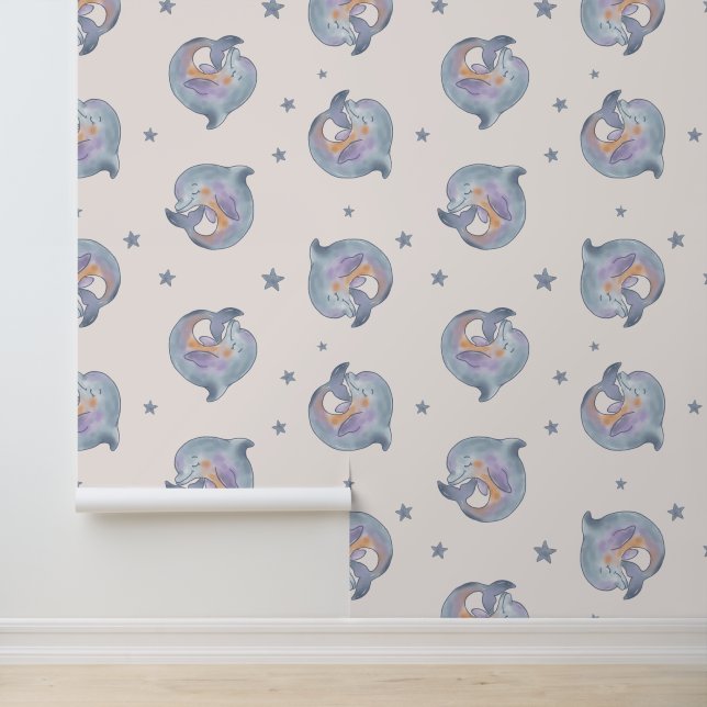 Papel Pintado Cute Watercolor Dolphin and Stars Seamless Pattern (Solicitud)