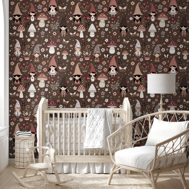 Papel Pintado Cute Whimsical Fair Gnomes and Mushrooms  (Niños)