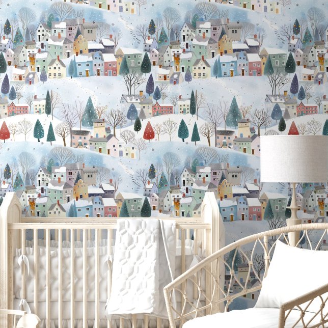 Papel Pintado Cuto invierno Pine Trees Hogares Salón De Nursera  (Cute Winter Pine Trees Homes Snow Nursery Room Wallpaper)