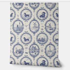 Papel Pintado Dachshund Puppy Toile Pattern: Blue & White