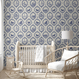Papel Pintado Dachshund Puppy Toile Pattern: Blue & White