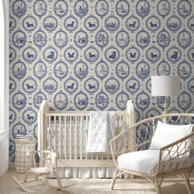 Papel Pintado Dachshund Puppy Toile Pattern: Blue & White (Niños)