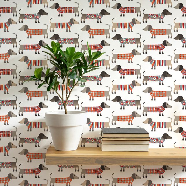 Papel Pintado Dachshund Wiener Sausage Dog (Fun Dachshund Wiener Sausage Dogs in sweaters pattern peel and stick wallpaper)