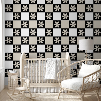 Papel Pintado Daisy Black And Neutral Retro Checkerboard 